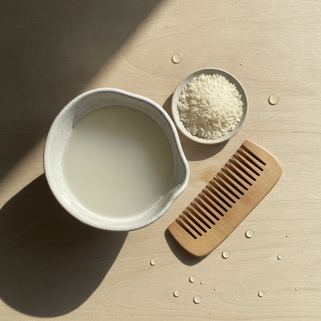 Un bol d'eau de riz laiteuse, une coupelle de riz et un peigne en bois sur une table en bois clair