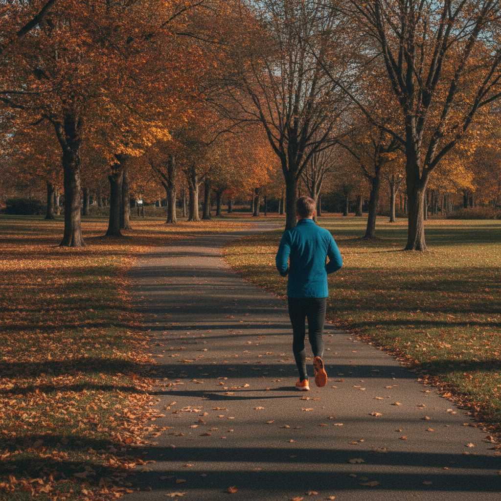 Coureur de dos courant a allure tranquille sur un chemin de parc en automne