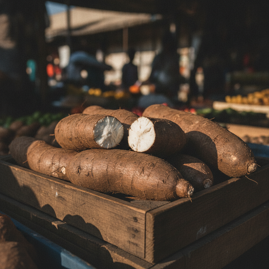Racines de manioc à la peau brune dans une cagette en bois sur un étal de marché, une racine coupée montrant sa chair blanche
