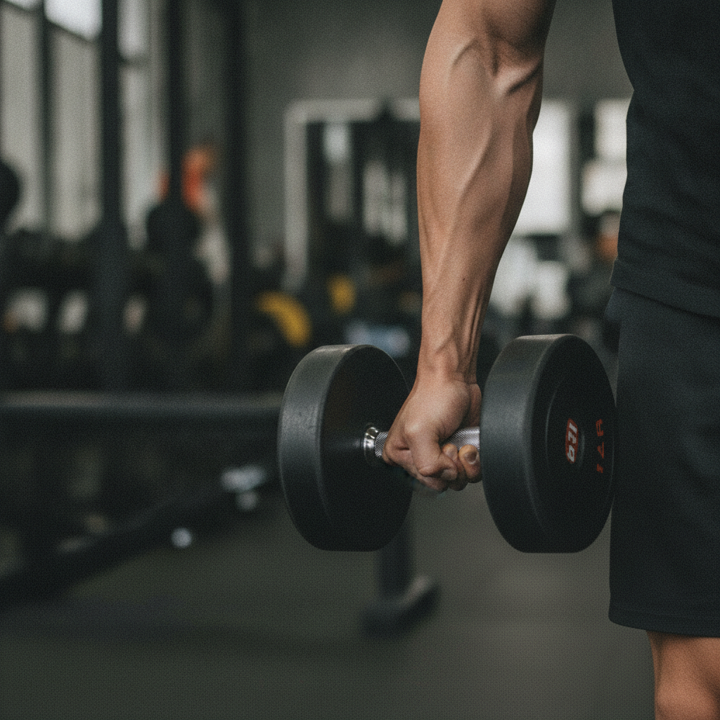 Avant-bras tenant un haltère que l'on redescend lentement dans une salle de musculation