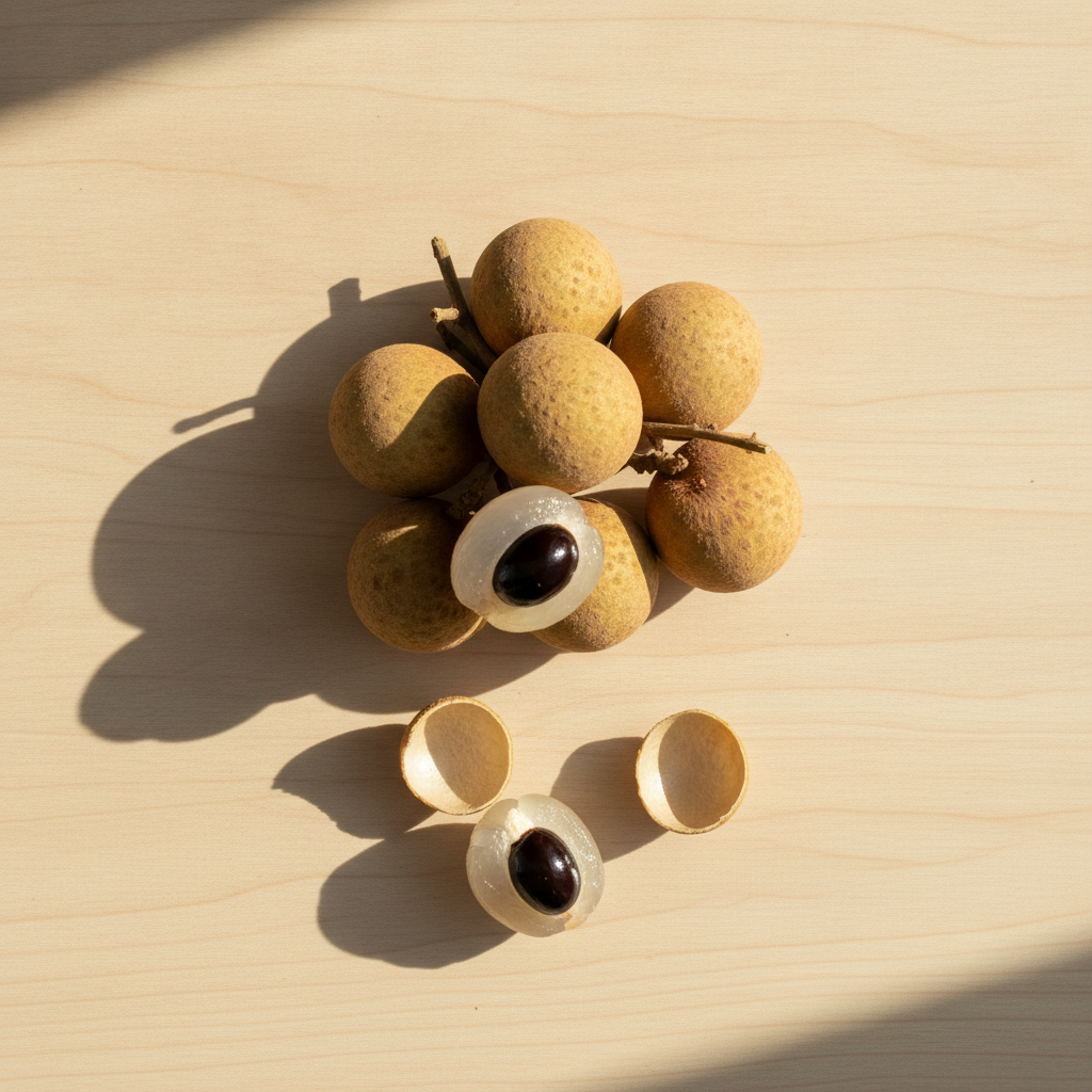 Grappe de longanes à coque beige sur une table en bois, un fruit ouvert montre la chair blanche translucide et le noyau noir brillant