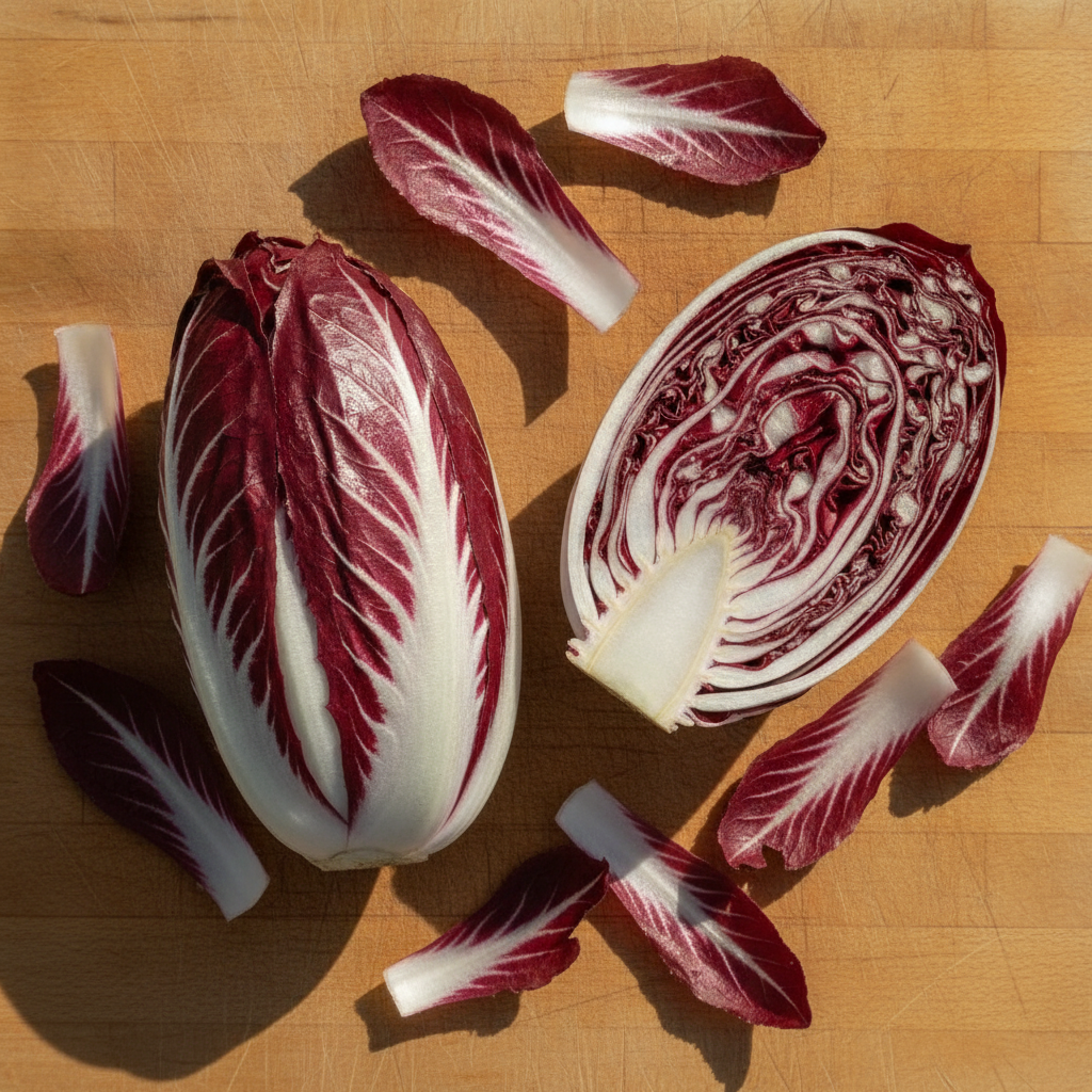 Trévise (radicchio) entière et coupée en deux, feuilles rouge pourpre veinées de blanc, sur une planche en bois