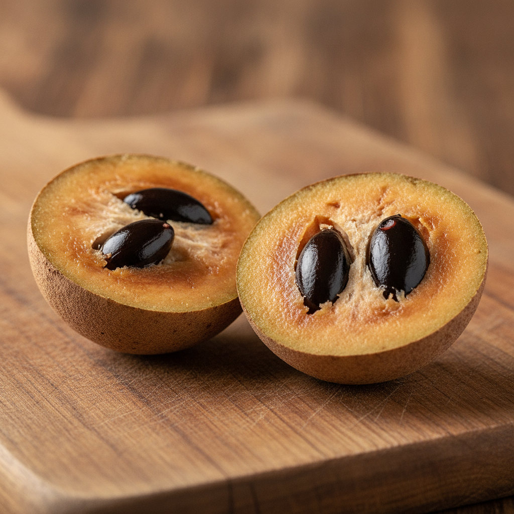 Une sapotille coupée en deux sur une planche en bois, chair brun-orangé et graines noires brillantes