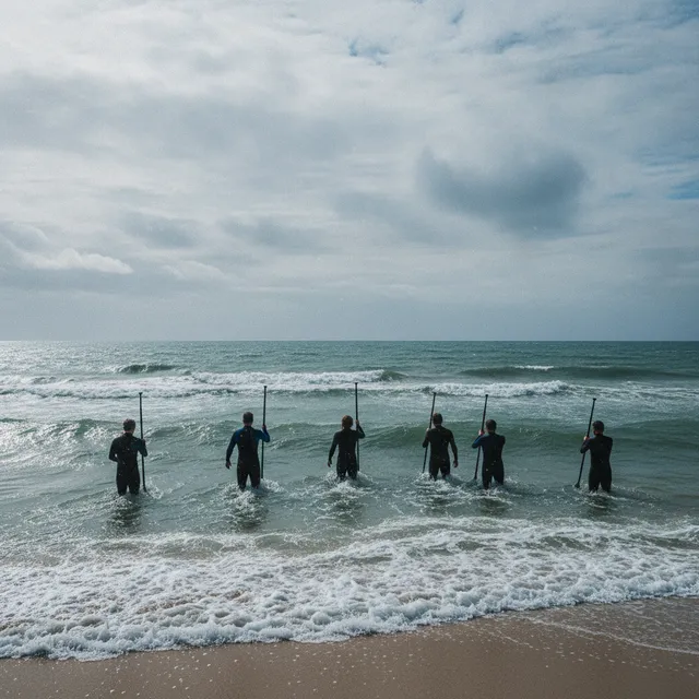 Groupe de personnes en combinaison néoprène marchant dans la mer avec des pagaies, pratique du longe-côte