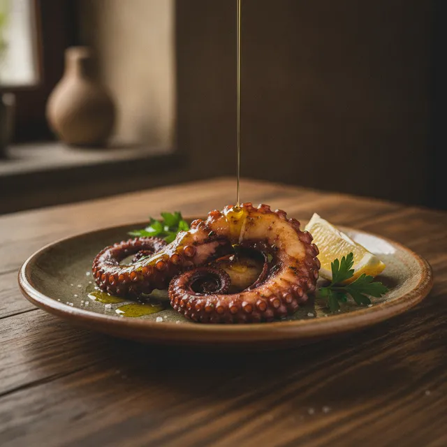 Tentacules de poulpe grillés sur une assiette rustique, avec citron, persil et huile d'olive