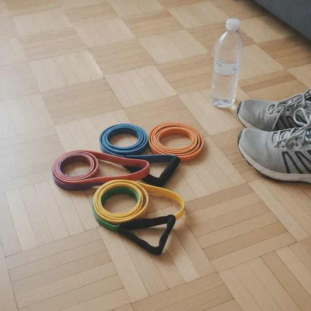 Elastiques de resistance colores enroules sur un parquet clair, a cote d'une paire de baskets et d'une bouteille d'eau