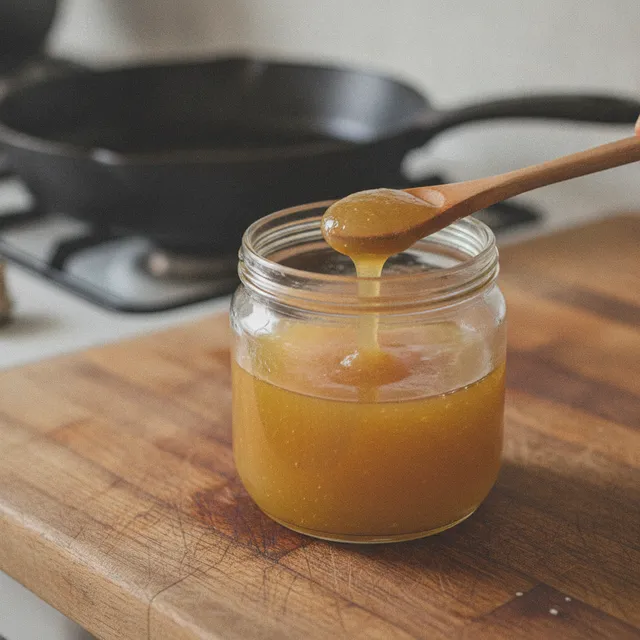 Bocal en verre de ghee dore avec une cuillere en bois, poele en fonte en arriere-plan
