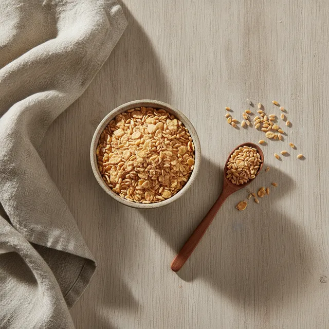 Bol de paillettes de germe de blé doré et cuillère en bois remplie de grains de blé sur une table en bois clair