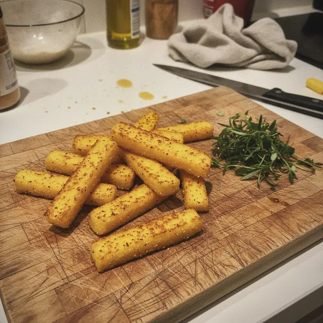 Bâtonnets de polenta grillés bien dorés sur une planche en bois, avec quelques herbes fraîches