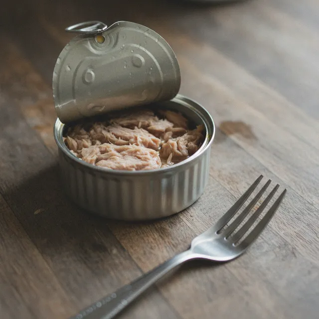 Boîte de thon au naturel ouverte avec une fourchette sur un plan de travail en bois