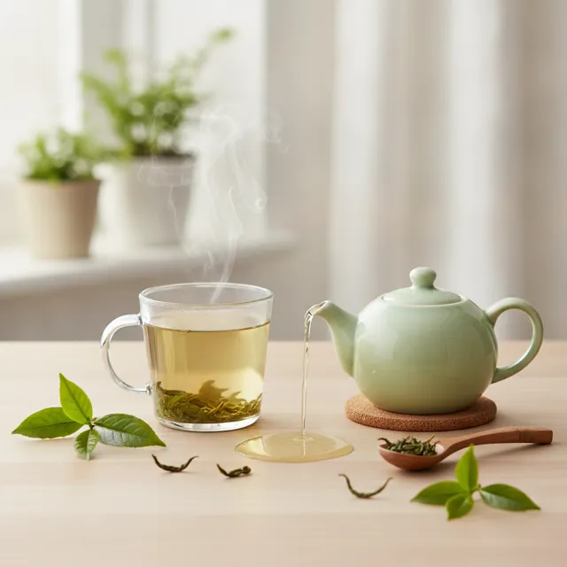 Tasse en verre de thé vert fumant à côté d'une théière sur une table claire