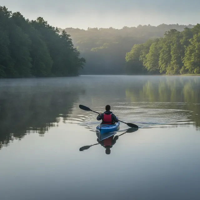 Kayakiste de dos avec gilet de sauvetage rouge pagayant sur un lac calme au petit matin