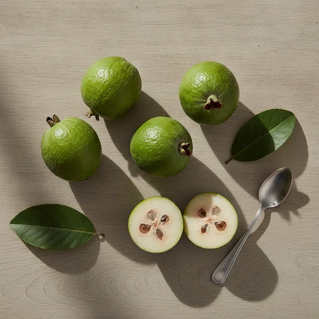 Feijoas verts entiers et coupes en deux montrant la chair translucide, avec une petite cuillere, sur une table en bois