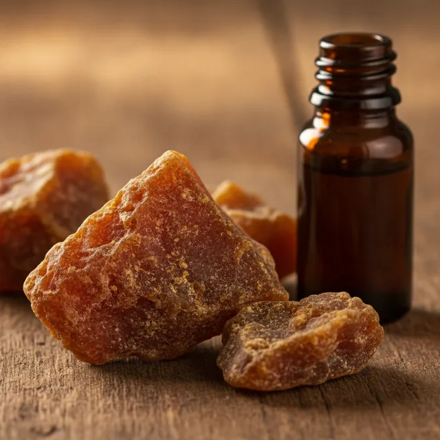 Morceaux de propolis brute ambrée et petit flacon compte-gouttes en verre foncé sur une table en bois