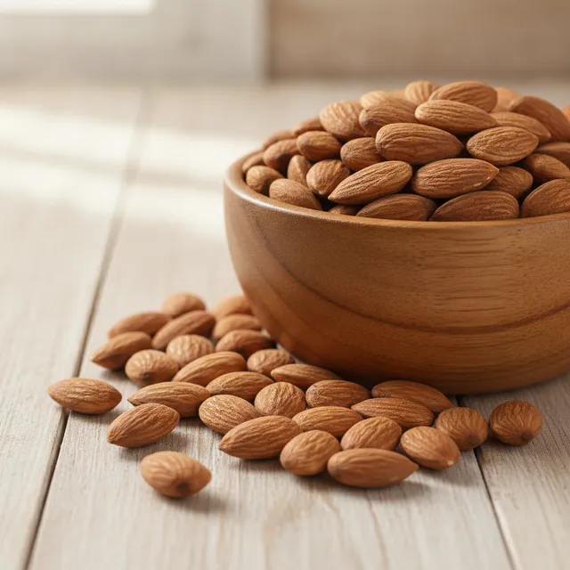 Bol en bois rempli d'amandes entières fraîches sur une table claire