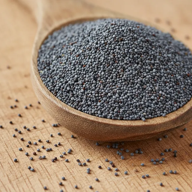 Graines de pavot bleu-gris dans une cuillere en bois, gros plan