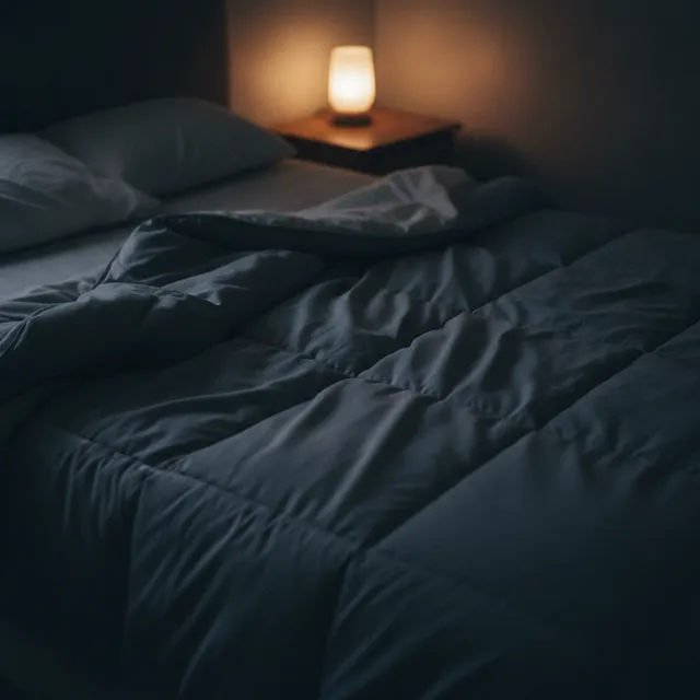 Une couverture lestée épaisse posée sur un lit dans une chambre à la lumière tamisée