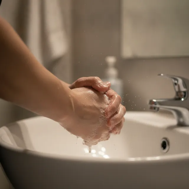 Deux mains qui font mousser une huile démaquillante laiteuse au-dessus d'un lavabo blanc, le soir