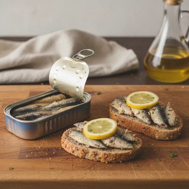 Boîte de sardines ouverte et sardines écrasées sur des tartines de pain complet avec une rondelle de citron