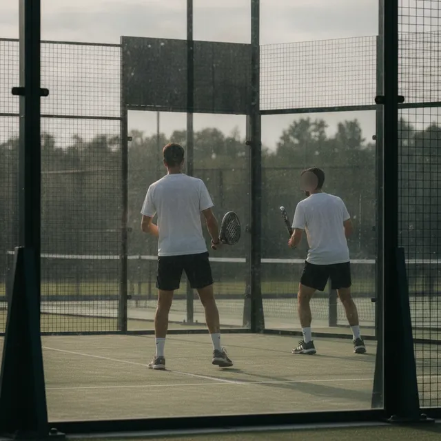 Deux joueurs de padel sur une piste extérieure vue à travers les parois vitrées