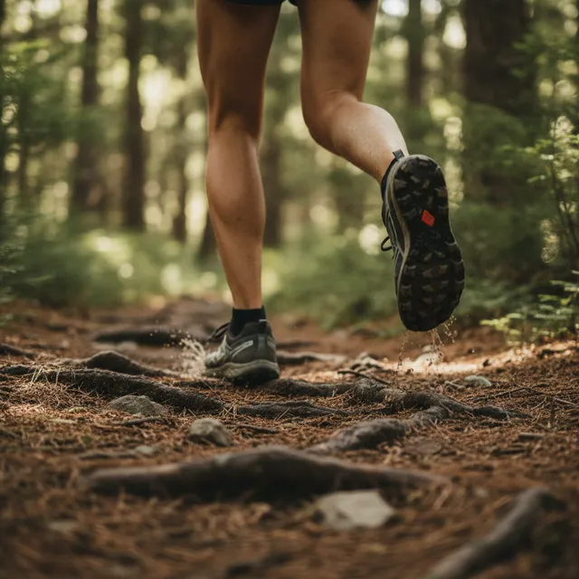Jambes et chaussures d'un coureur de trail en pleine foulée sur un sentier de forêt jonché de racines et de cailloux
