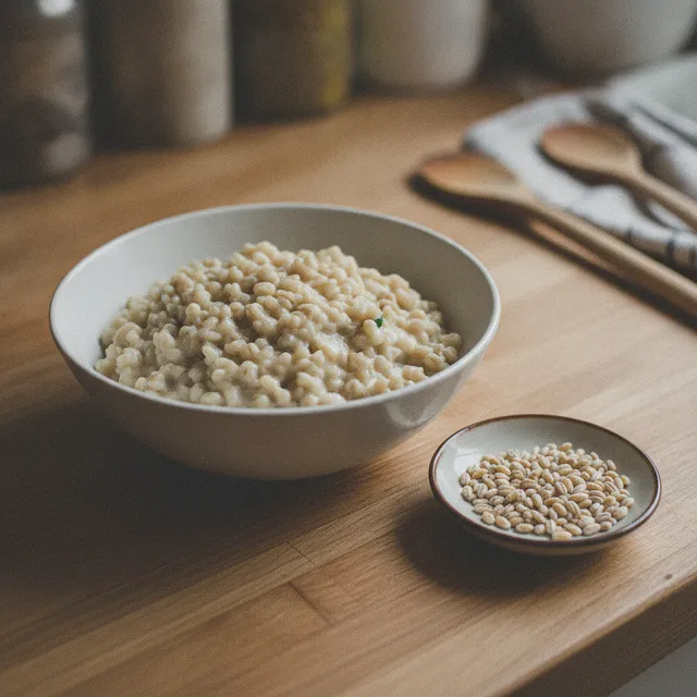 Bol d'orge perlé cuit façon risotto et petite coupelle de grains d'orge crus sur un plan de travail en bois