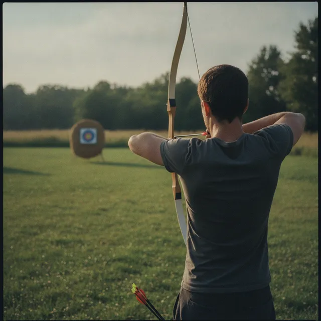 Un archer vu de dos bande un arc classique vers une cible sur un terrain d'herbe, les omoplates en tension