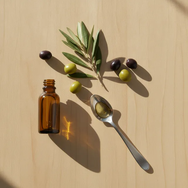 Flacon d'huile de squalane et olives sur une table en bois