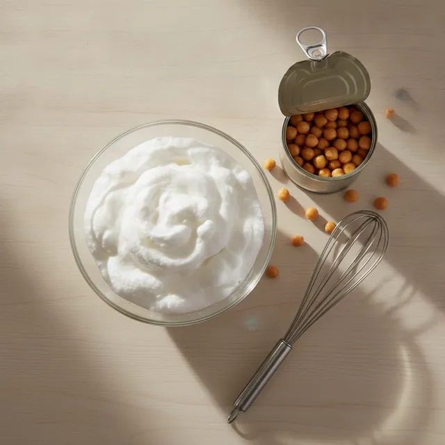 Aquafaba montée en neige dans un bol en verre, à côté d'une boîte de pois chiches ouverte et d'un fouet