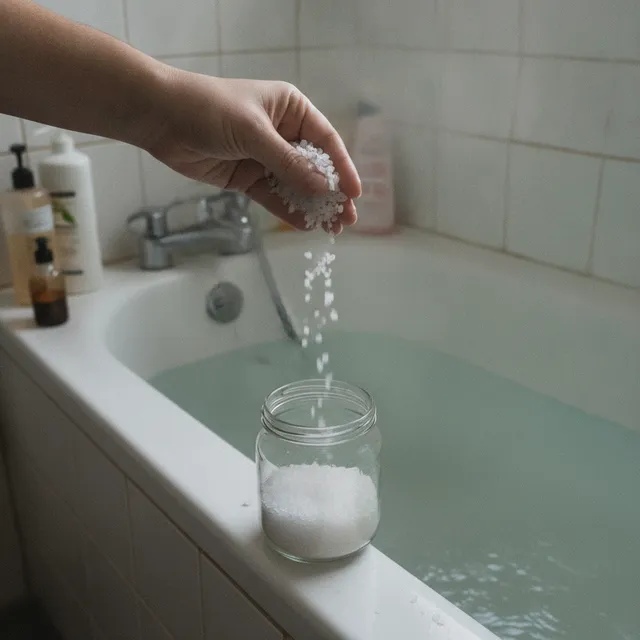 Une main verse une poignee de gros sel d'Epsom au-dessus d'une baignoire d'eau chaude, un bocal de sel pose sur le rebord