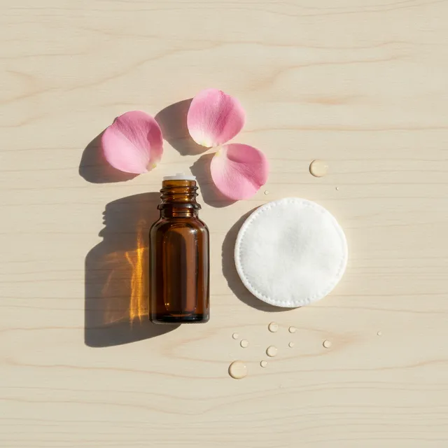 Petit flacon en verre ambré d'eau de rose posé sur une table en bois clair, à côté de pétales de rose et d'un coton