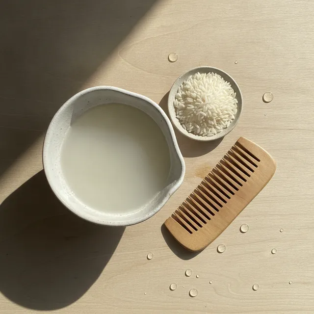 Un bol d'eau de riz laiteuse, une coupelle de riz et un peigne en bois sur une table en bois clair
