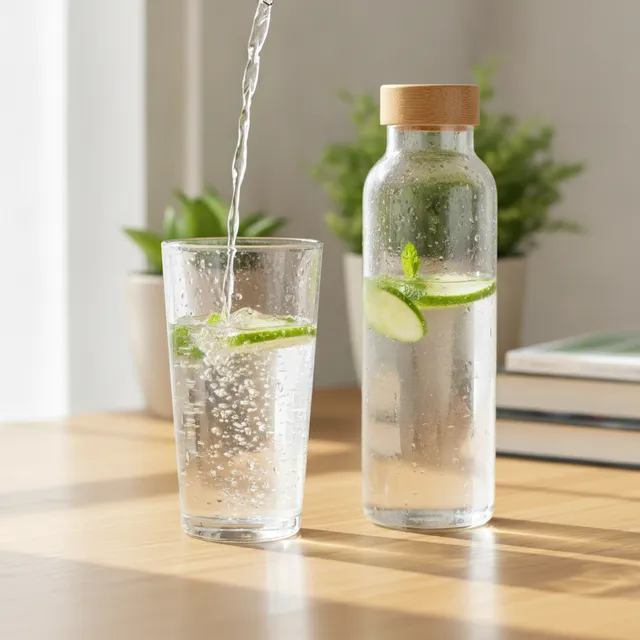 Un verre d'eau fraiche que l'on remplit, à côté d'une gourde réutilisable