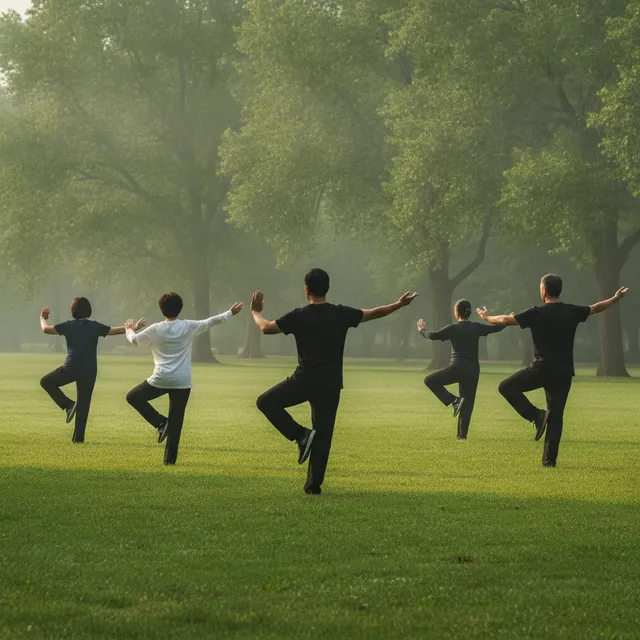 Groupe pratiquant le tai-chi en plein air dans un parc au petit matin
