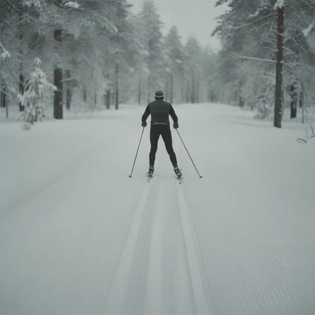 Skieur de fond de dos glissant sur une piste damée en forêt enneigée