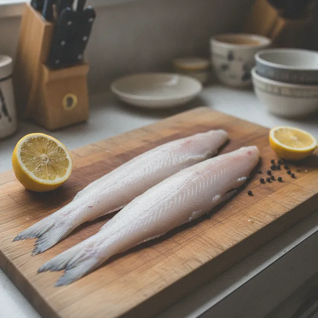 Deux poissons blancs crus posés sur une planche en bois avec un demi-citron et des grains de poivre dans une cuisine