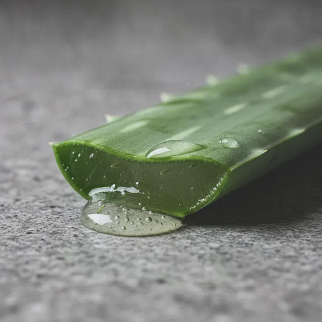 Feuille d'aloe vera coupee laissant perler son gel translucide sur un plan de travail en pierre
