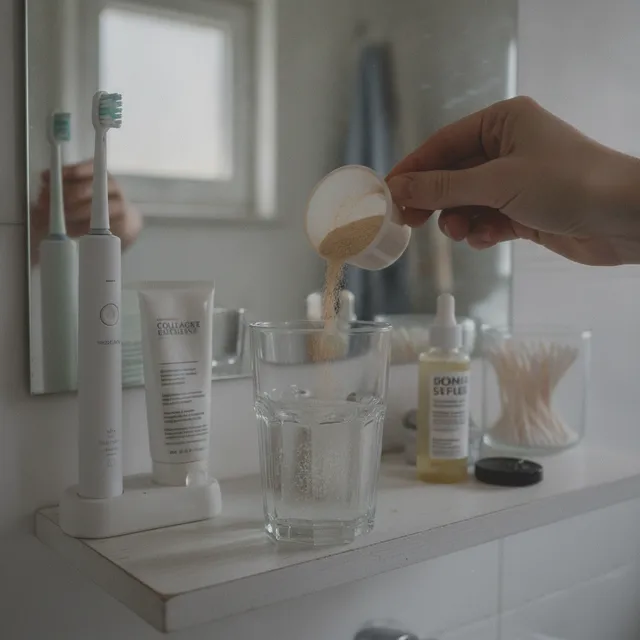 Une main verse une dosette de poudre de collagène dans un verre d'eau sur une étagère de salle de bain