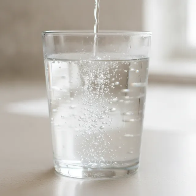 Verre d'eau pétillante avec des bulles qui remontent, posé sur un plan de travail clair