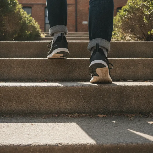 Jambes et mollets d'une personne en baskets montant un escalier en extérieur