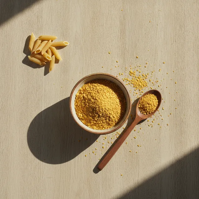 Un bol de paillettes de levure de bière dorées, une cuillère en bois et quelques pâtes crues, vue de dessus