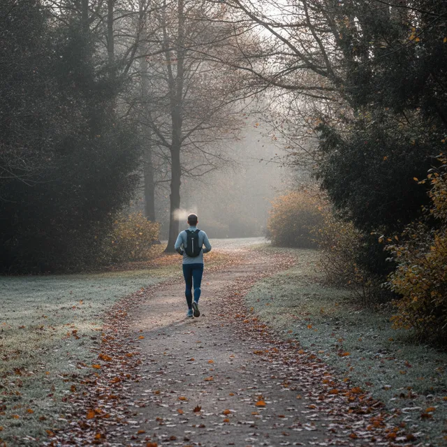 Coureur de dos sur un chemin de parc en automne, buée de respiration dans l'air froid du matin