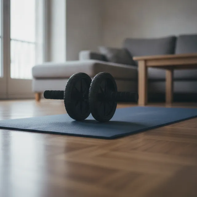 Roue abdominale à double roulette posée sur un tapis de fitness dans un salon