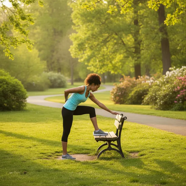 Personne en tenue de sport qui s'étire les jambes dans un parc au lever du soleil