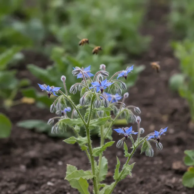 Pied de bourrache aux fleurs bleues en étoile et tiges velues dans un potager, avec des abeilles