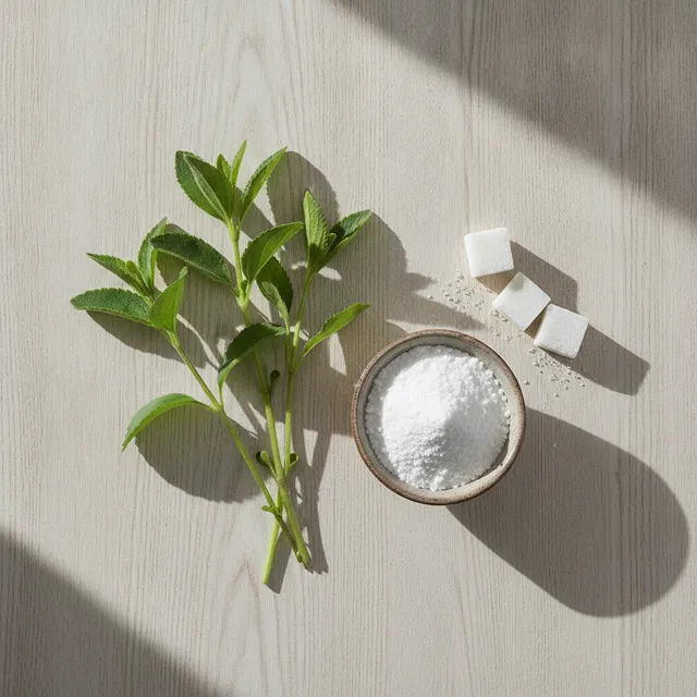 Tiges de feuilles de stévia fraîches à côté d'une coupelle de poudre blanche et de morceaux de sucre, vue de dessus sur une table en bois clair
