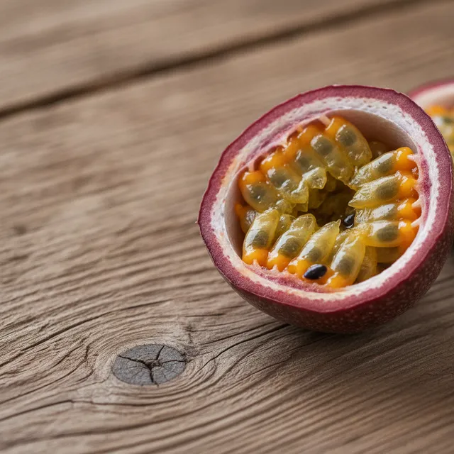 Un fruit de la passion coupé en deux, pulpe orange et graines noires, sur une table en bois