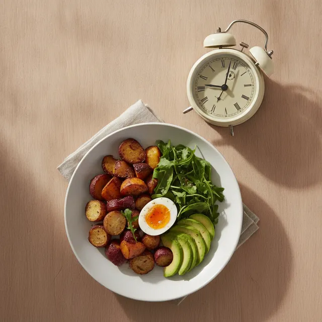 Un bol de repas sain posé à côté d'un réveil, illustrant la fenêtre horaire du jeûne intermittent