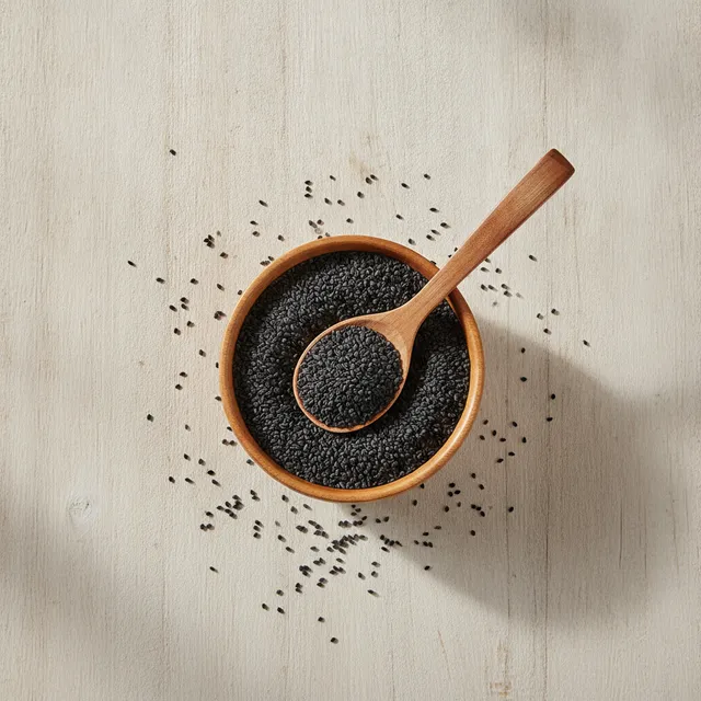 Graines de nigelle noires dans un bol et une cuillère en bois
