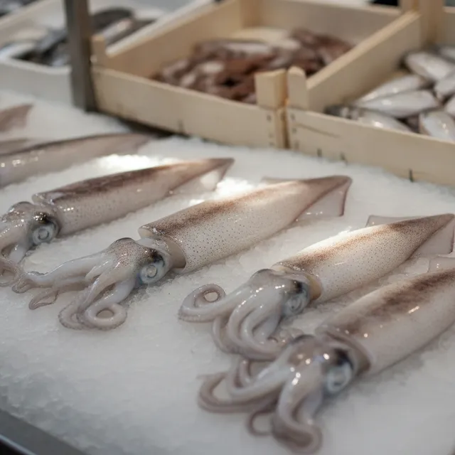 Seiches fraîches posées sur de la glace à l'étal d'un poissonnier de marché